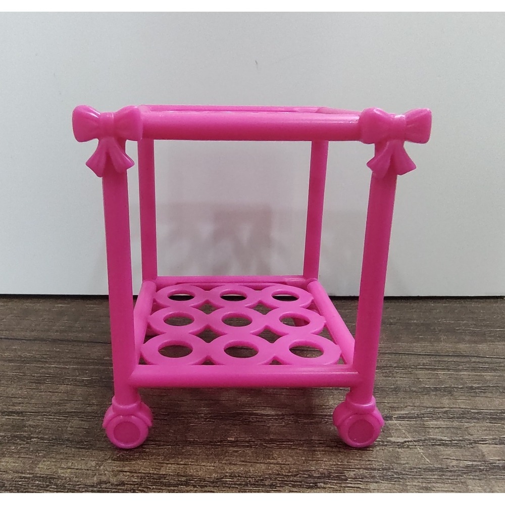 Fashion Doll House Furniture Bedside Side Table On Wheels Hop Pink Bow Detail